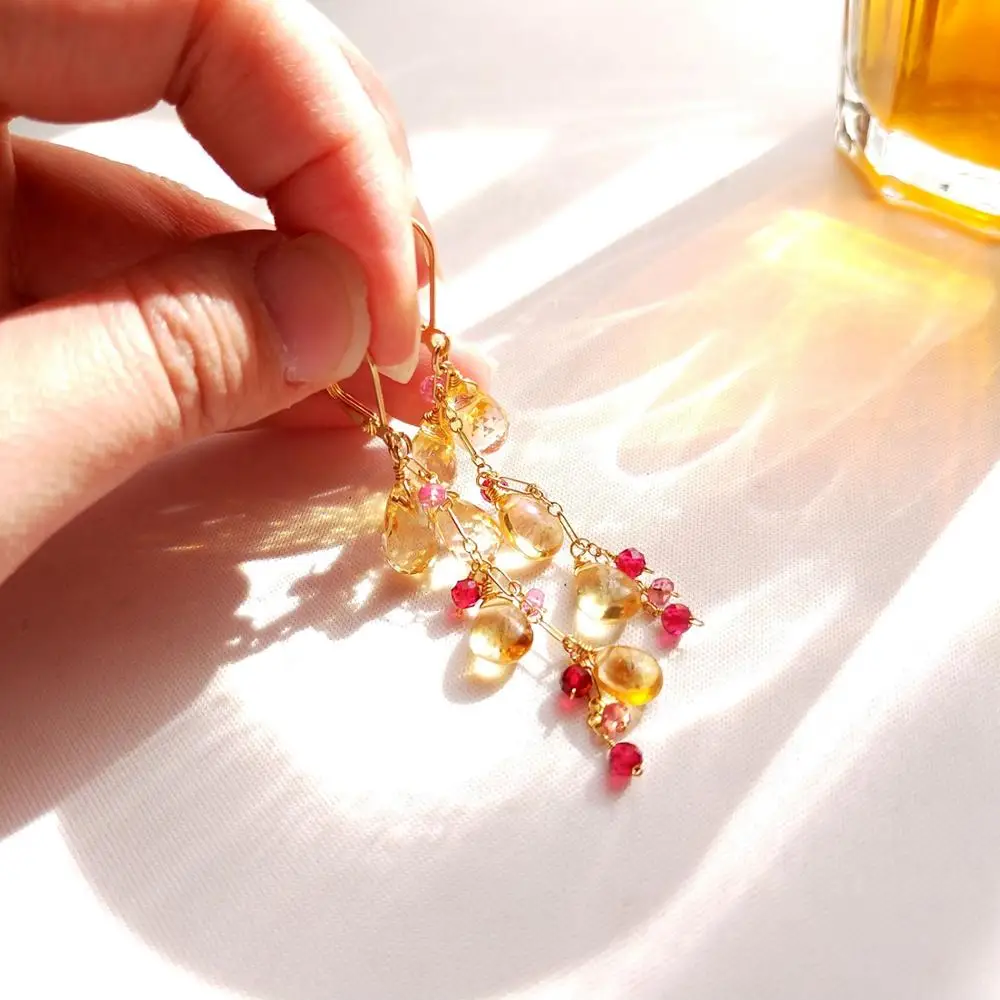 Lii Ji Citrine Pink Tourmaline Earrings Handmade 925 Sterling Silver 18K Gold Color Long Tassel Earrings For Women Gift