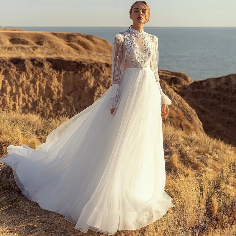 Cao Cấp Áo Váy Vintage 3D Ren Hoa Tay Dài Cô Dâu Đầm Abito Da Sposa Một Đường Đi Biển Áo Cưới Boho