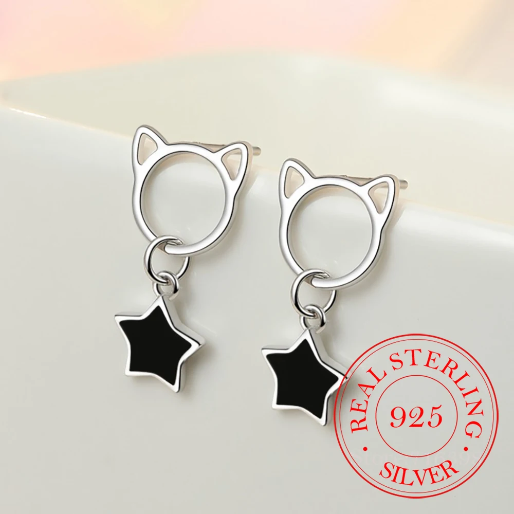 Orecchini a bottone con ciondolo a forma di stella con nappa a forma di gatto in argento Sterling 925 per donne ragazze eleganti gioielli da festa