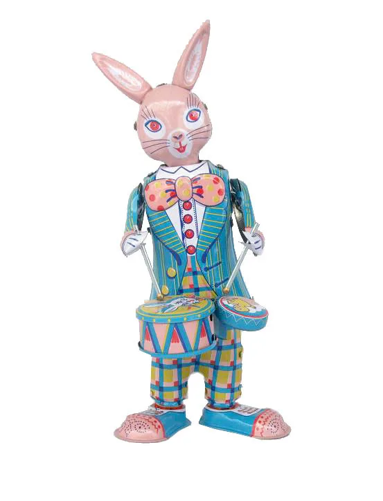 [Funny] Classic collection Retro Clockwork happy bunny rabbit Wind up Metal Walking Tin play drum rabbit robot Mechanical toy