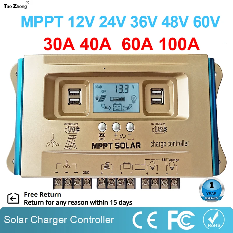 30A 40A 60A 100A Wind Solar Hybrid Charge Controller Dual USB Charge Wind-Solar hybrid system controller MPPT charge regulator