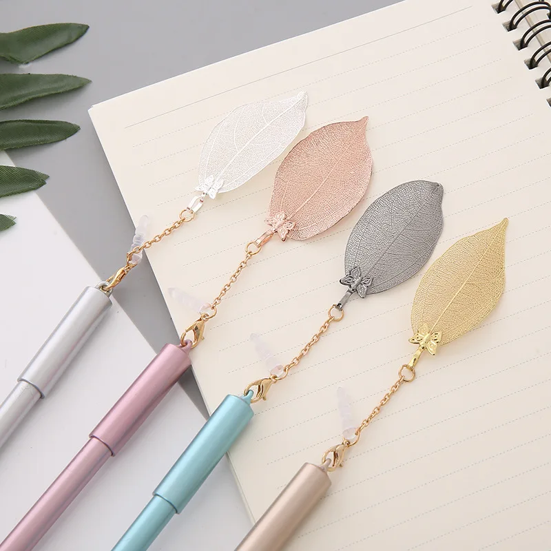 

16pcs neutral pen metal Real Leaf Pendant pen with dust stopper high quality student stationery