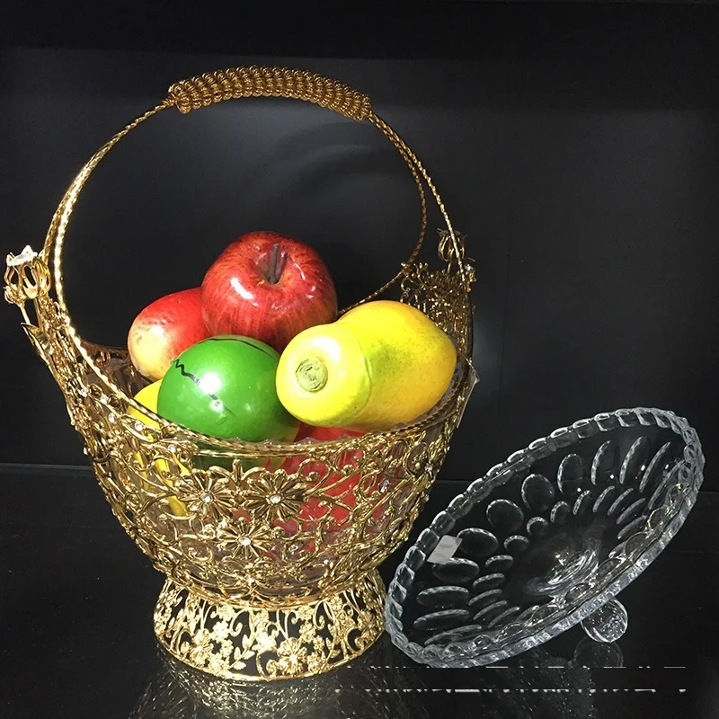 Wedding Bask European luxury hotelKTV decoration boutique jacquard with diamond cover fruit basket home fashion golden fruit pot