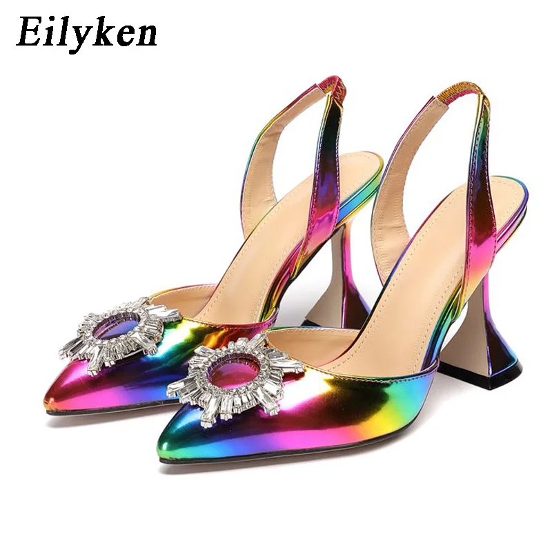 Eilyken Rainbow Color Pumps Sandals Women Pointed Toe Sun Style Rhinestone High Heels Weeding Spike Heel Slingback Shoes