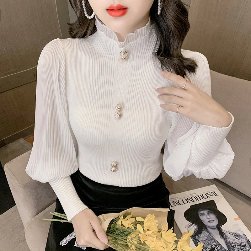 Patched Full Chiffon Lantern Sleeve Knitted Sweaters Jumpers Crop Tops Girls Turtleneck Solid Buttons Sweater Pullovers Women