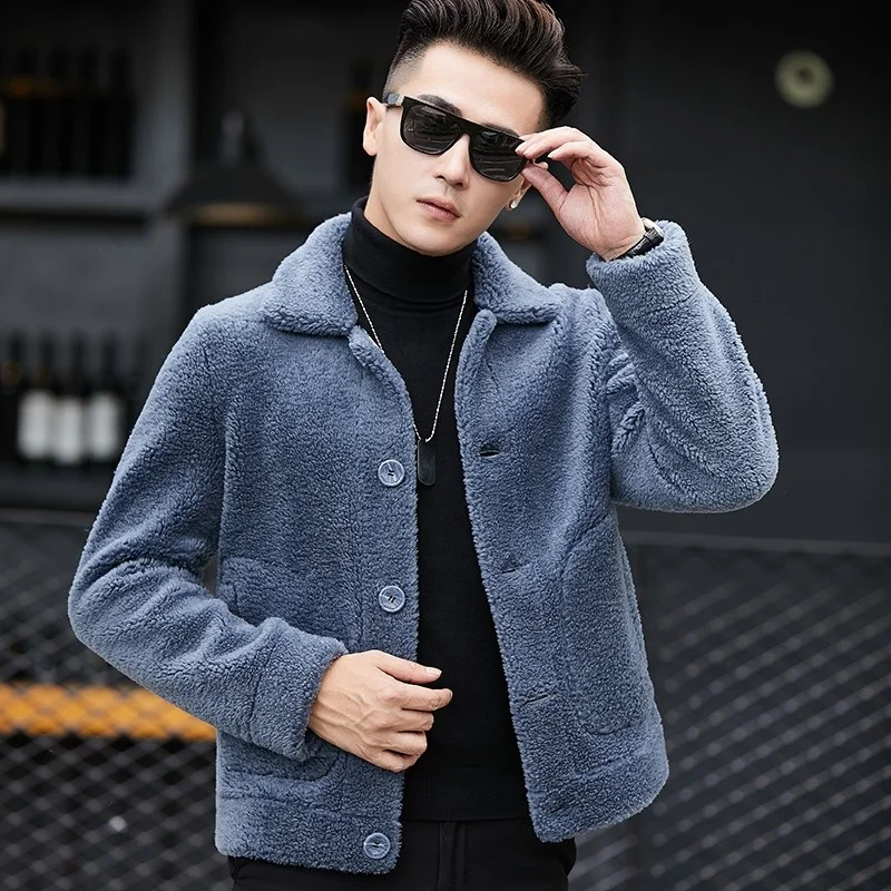 

Mens Winter 100% Wool Shearling Jacket Warm Suede Leather Jacket 5XL Overcoat Single Breasted Short Real Lamb Fur Coat