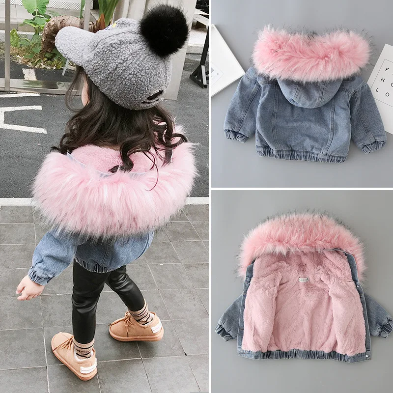 Children's Clothing Girls Winter Denim Jacket Fur Hooded Velvet Thick Warm Toddler Baby Girls Coat Vetement Enfant Fille