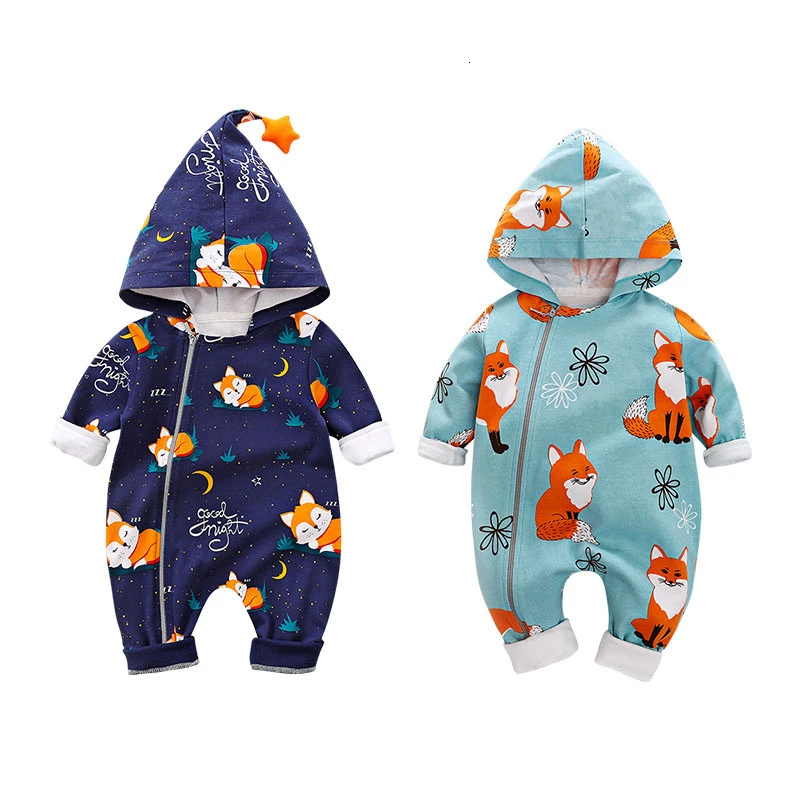 Ins Hot Baby Clothes Cotton Pajamas Newborn Rompers Jumpsuit Sleepwear Fashion Hoodie Outfits 3D Fox Winter Overall