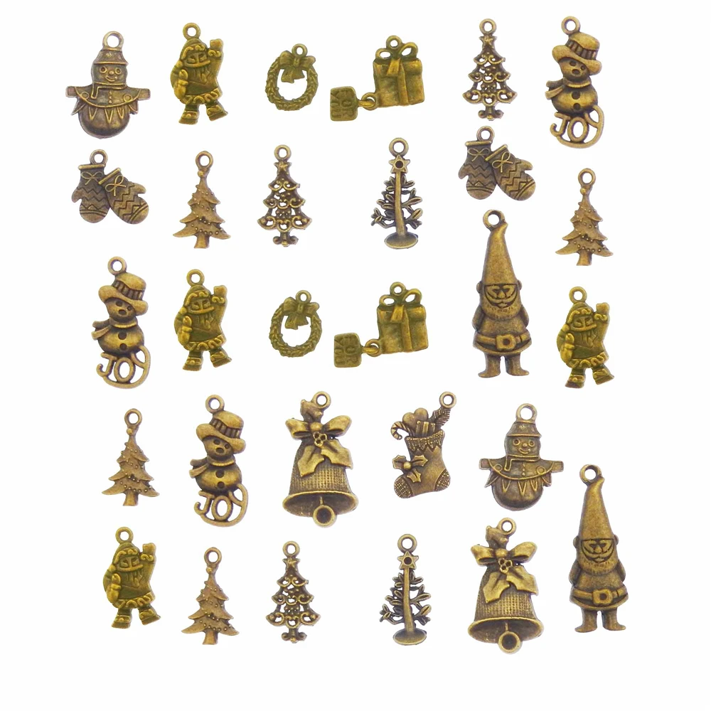 Julie Wang 10 PCS Mix Retro Bronze Alloy Christmas Charms Snowman Xmas Tree Stocking Gift Pendant Bracelet Dangle Jewelry Making