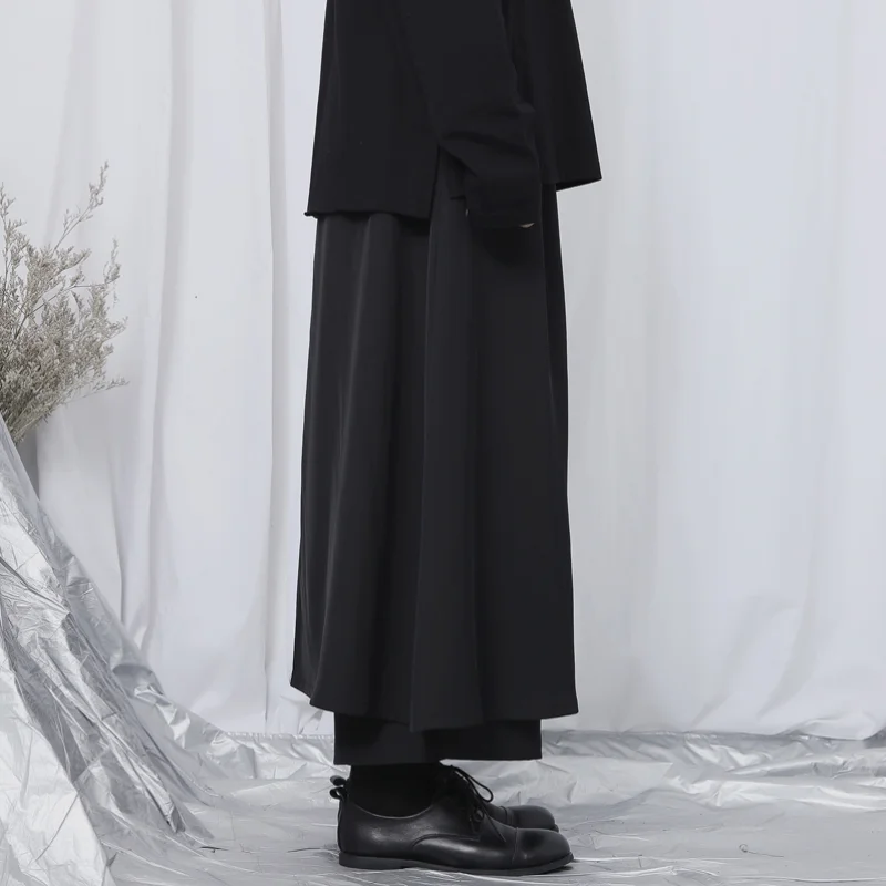 Men's Yamamoto style solid color wide leg pants casual loose nine straight pants skirt false two sets