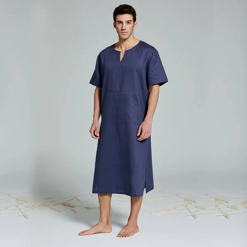 Men's Real Linen Cotton nightgowns Extra large bathrobe Short-sleeved Robe Caftan Vacation Holiday beach Robe