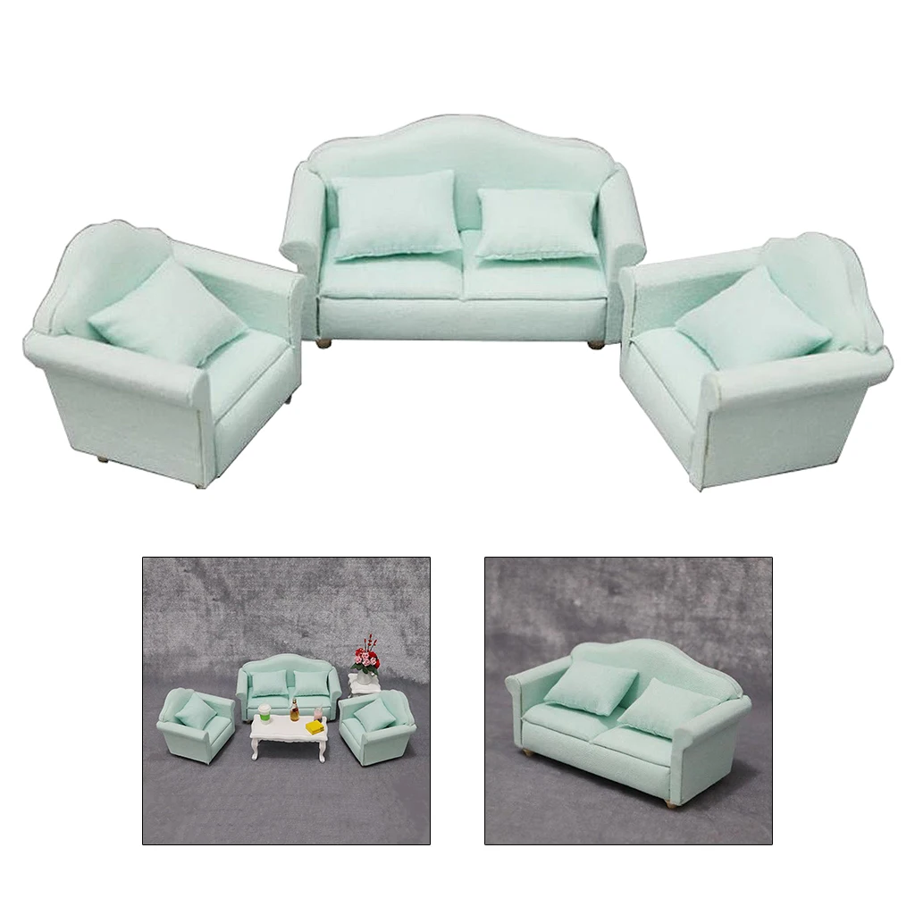 3Pcs 1/12 Scale Miniature Dollhouse Love Seat Sofa Armchair Set Dolls House Furniture Accessories Couch Green Color