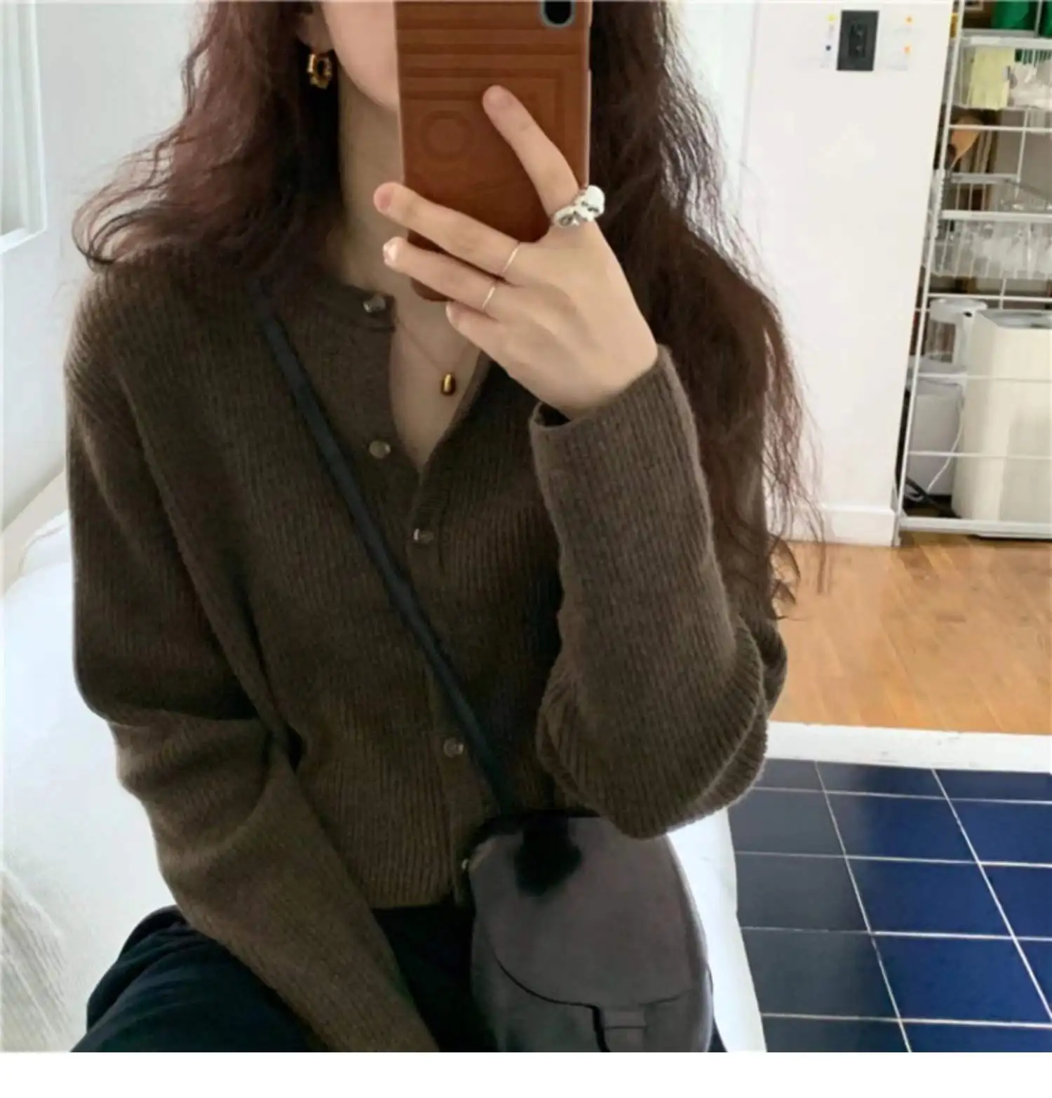 Fashion cashmere knit cardigan women spring and autumn new round collar Korean sweater loose short jacket sweater coat