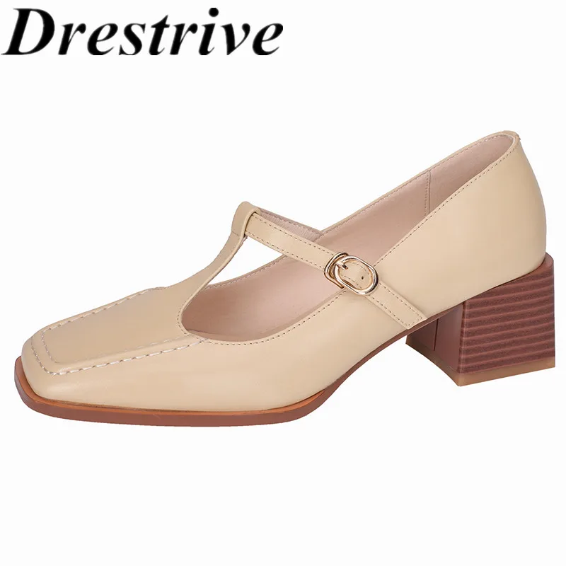 

Drestrive Mary Janes Full Genuine Leather Square Toe Women Pumps Big Size 43 Buckle Thick High Heel Shoes Beige 2021 Summer