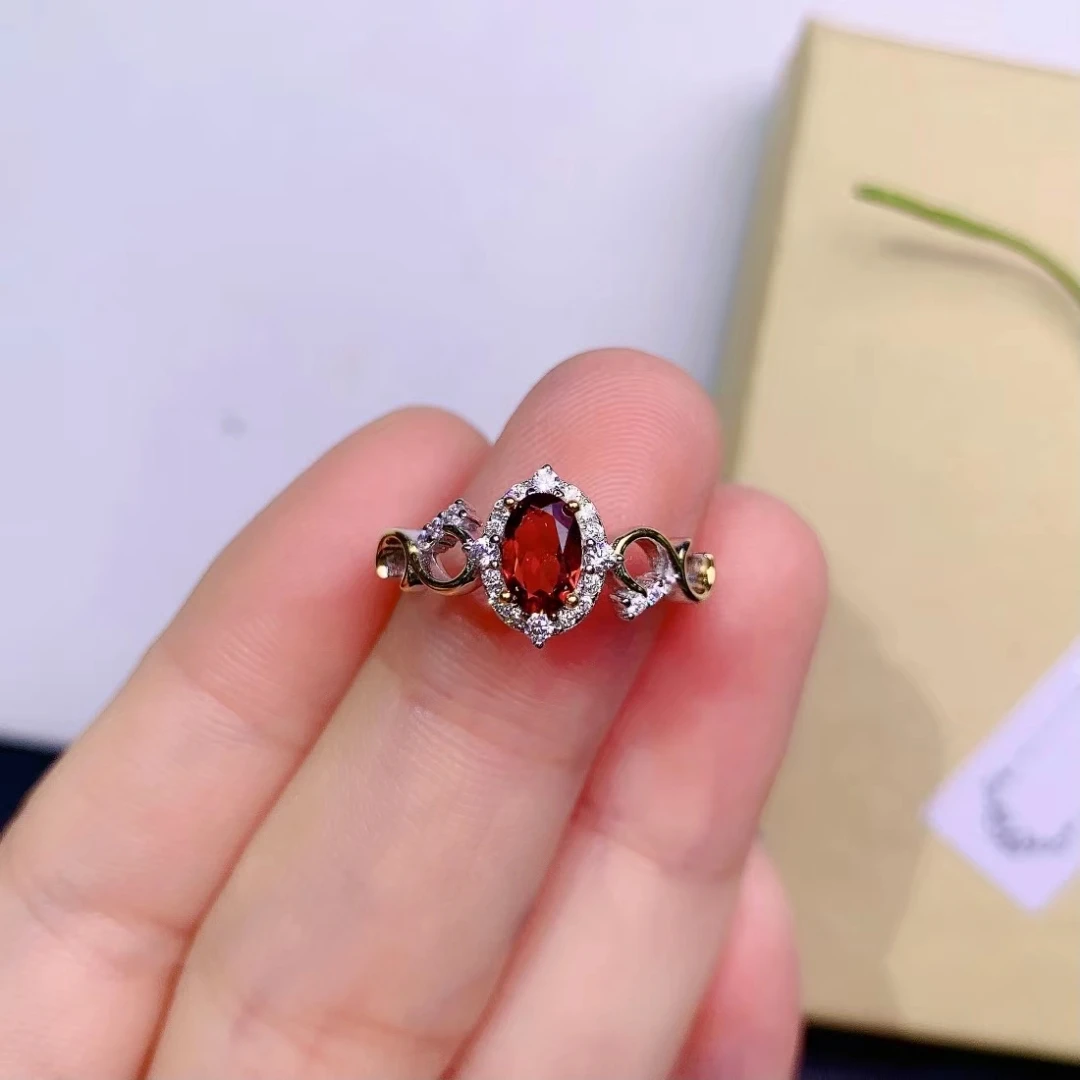 925 pure silver Chinese style natural garnet women's fashion classic Plant pattern adjustable gem ring fine jewelry support dete