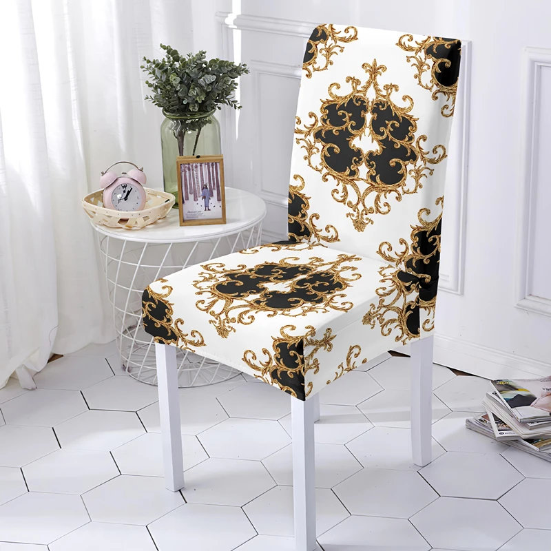 Golden Chains Baroque Elements Elastic Chair Cover For Office Home Decor Washable Stretch Dining Seat Covers Universal Size