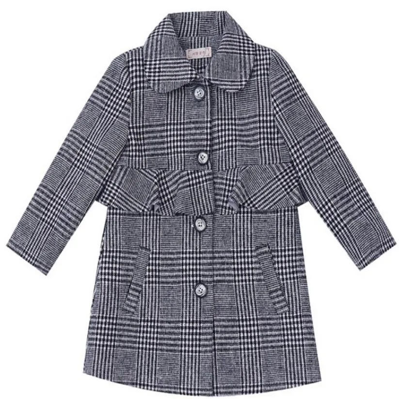 

Baby girl autumn winter plaid woolen coat kids lapel single breasted slim princess long wool blends outwear