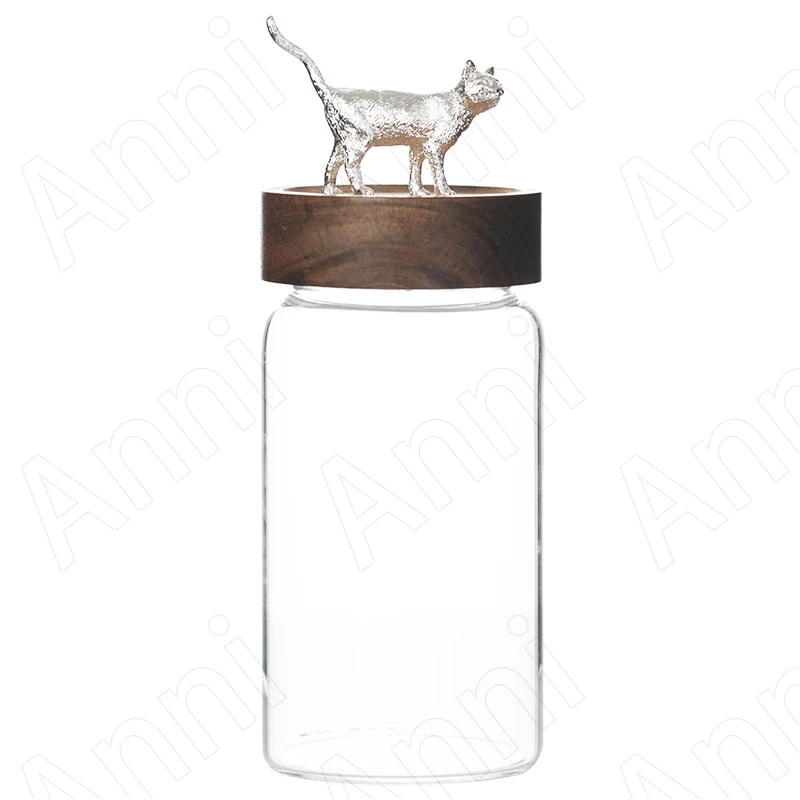 

Creativity Animal Decorative Glass Bottle Nordic Silver Plated Wood Cover Transparent Grain Dispenser Snack Storage Jar with Lid