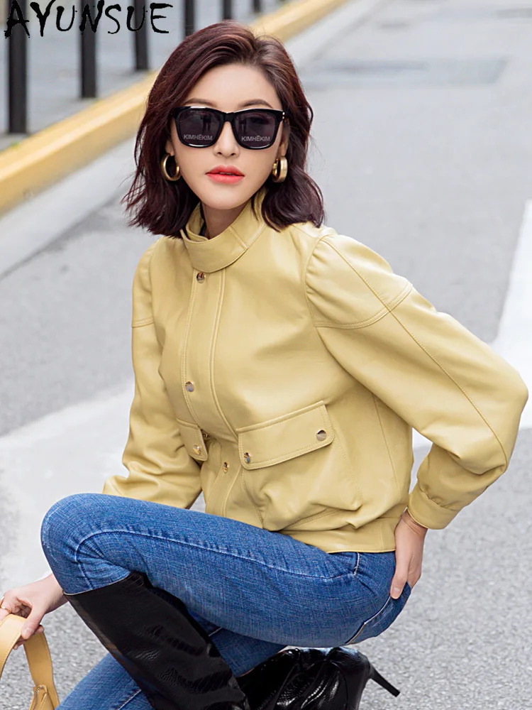 AYUNSUE High Quality Genuine Leather Jacket Women Yellow Real Sheepskin Coat Female Korean Clothes Coats and Jackets Women 2021