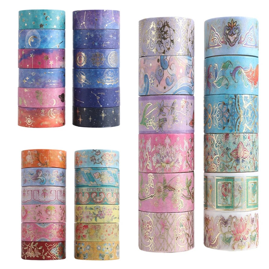 

12 Pcs Washi Tape Set Flower Masking Tapes Vintage Stickers Adesiva Starry Sky Scrapbooking Gold Leaf Washitape Kawaii Decorate