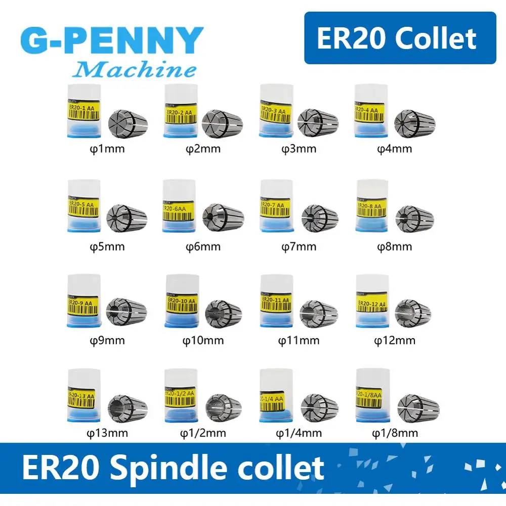 G-Penny ER20 Spring Collet Chuck 1-2-3-4-5-6-7-8-9-10-11-12-13-3.175-6.35-12.7mm 1/8 1/2 1/4 Milling Lathe Tool Spindle Motor