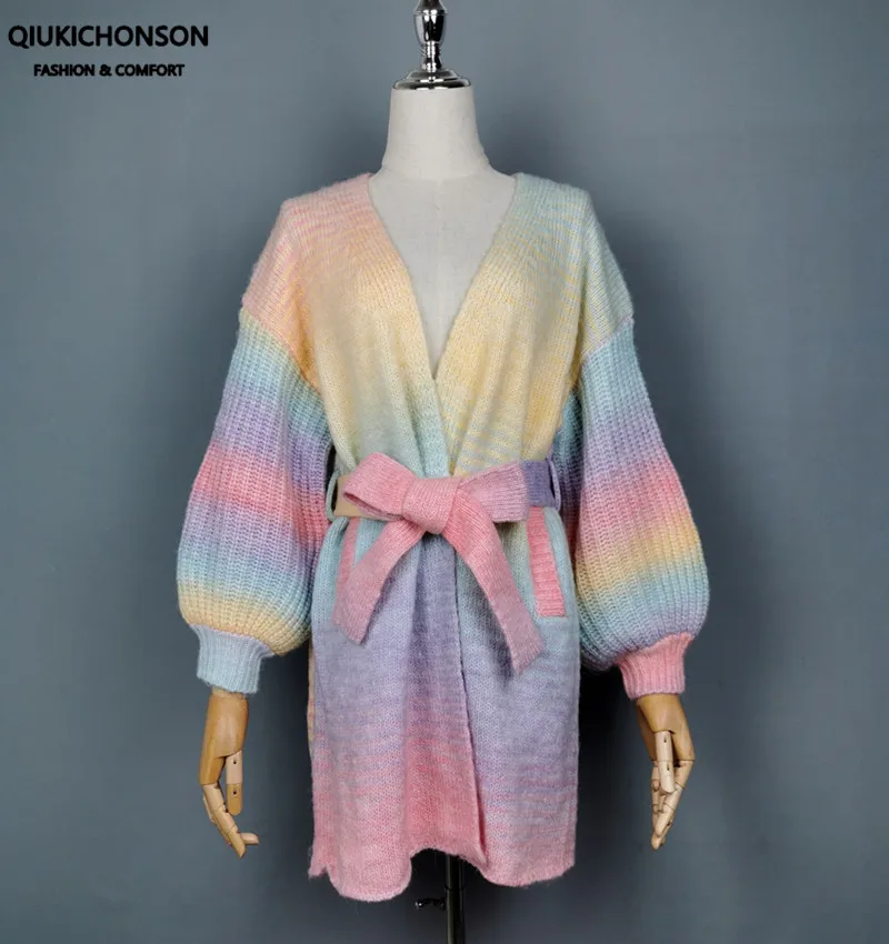 Qiukichonson Vintage Gradient Rainbow Striped Cardigan Knit Women Lantern Sleeve Tunic Belted Cardigan Coat Gardigan pull femme