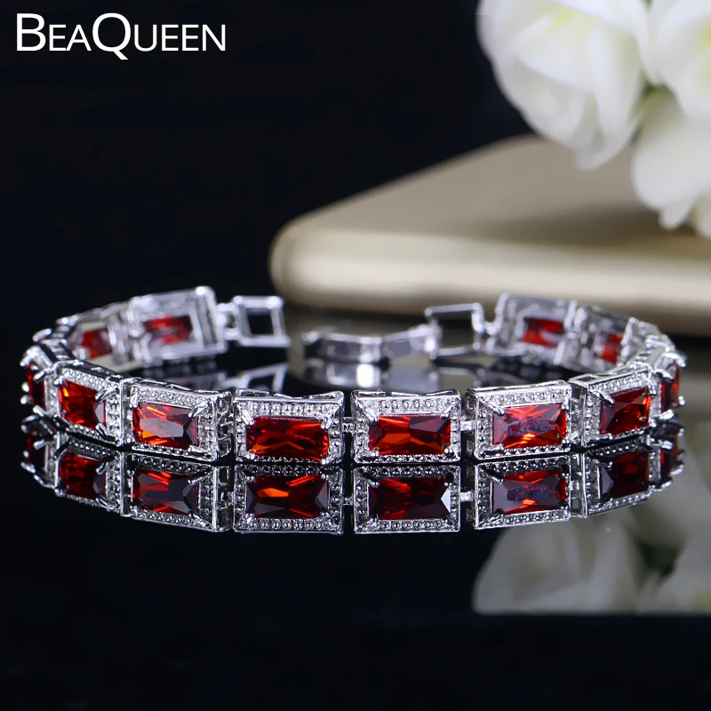 BeaQueen Elegant Tibetan Female Jewelry Large Square Cubic Zirconia Red Bracelets Bangles Christmas Gift for Women B101