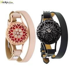 Magnet Flowers 26mm Black Genuine Leather Aroma Locket Stainless Steel Bangle Essential Oils Aromatherapy Locket Bracelet