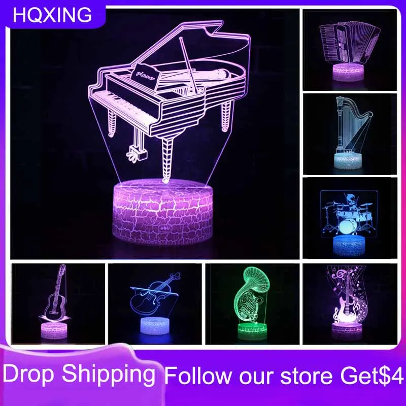 HQXING 3D Illusion Night Light Led USB 7 Colors Musical Instrument Night Lamp Violin Horn Piano Guitar Lamps Kids Gifts