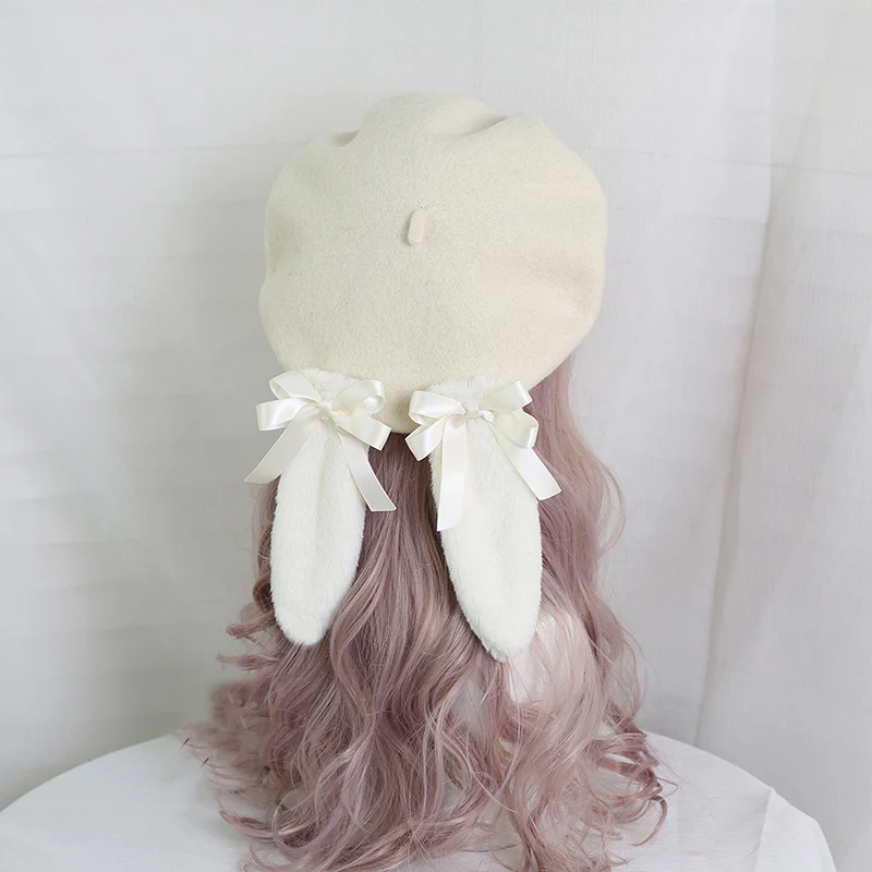 

Japanese Teen Girls Kawaii Wool Beret Cap Women Winter Removable Cute Bunny Ears Lightweight Female Autumn Lolita Sweet Soft Hat