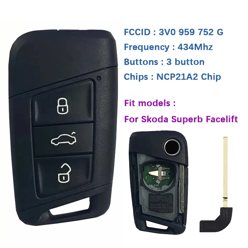 CN 001116 3-przyciskowy inteligentny klucz OEM 434 MHz NCP21A2W Chip HITAG PRO nr części 3V0 959 752 G dla Skoda Superb Facelift