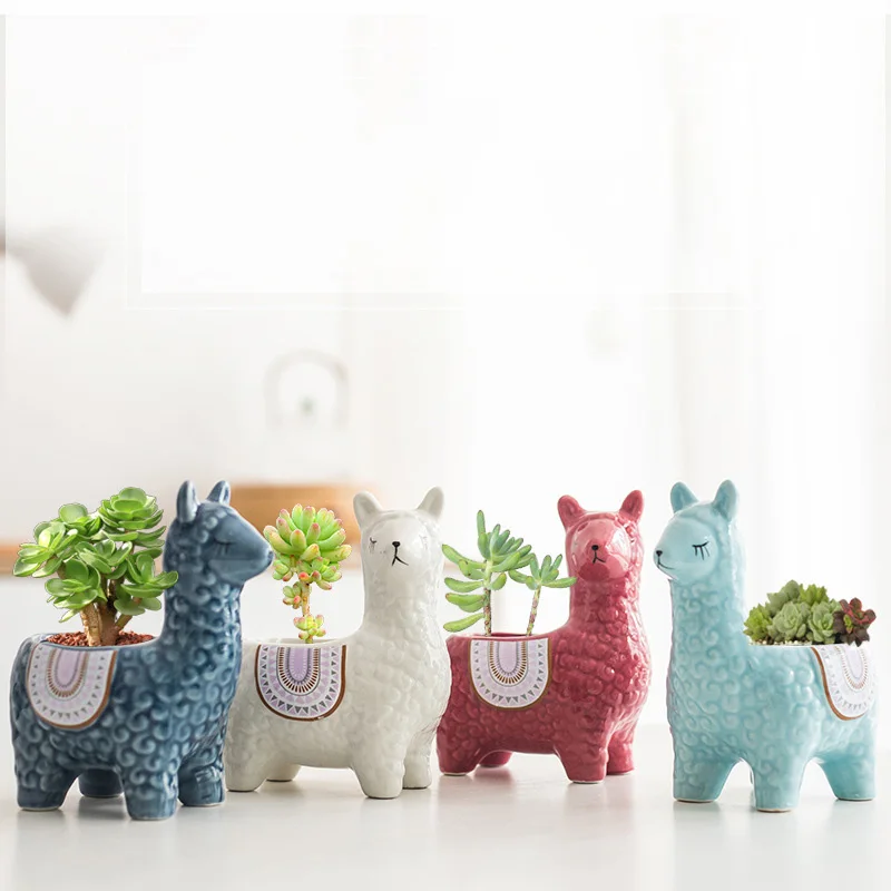 Ceramic Alpaca Flower Pot European Style Cute Fleshy Nordic Home Decoration Cartoon Animal Plant Macetas Balcony Decorations New