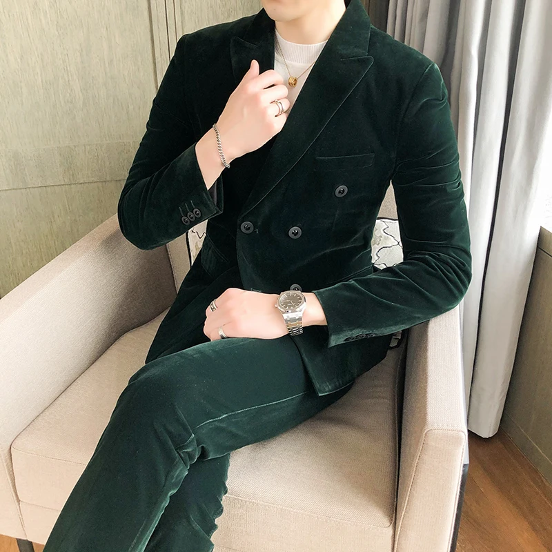 Gentlemen Elegant Luxury Green Velour Suits Mens Claret Red Velvet Suits For Wedding Party Club Double Breasted Dress 2 Pcs Sets