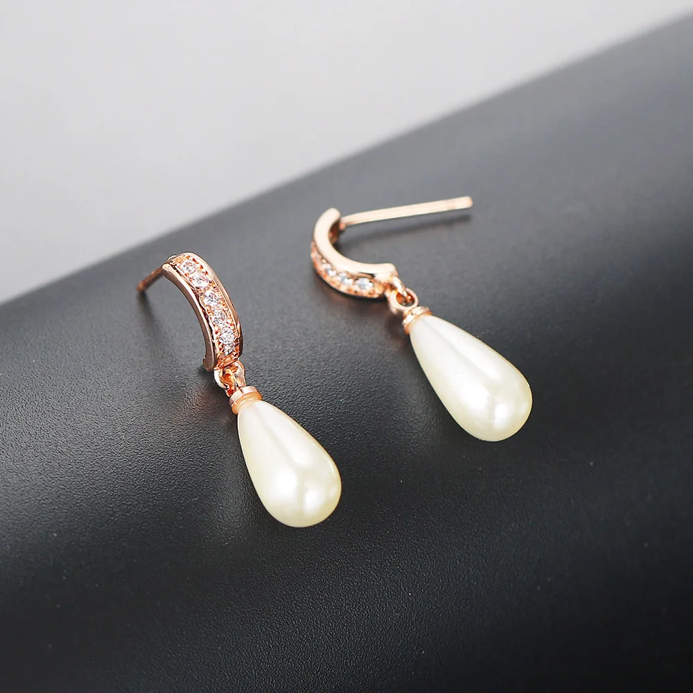 Elanget Water Drop Earring For Women White Imitation Pearl Rose Gold Color Women's Earing Wedding Engagement Female Jewelry E446