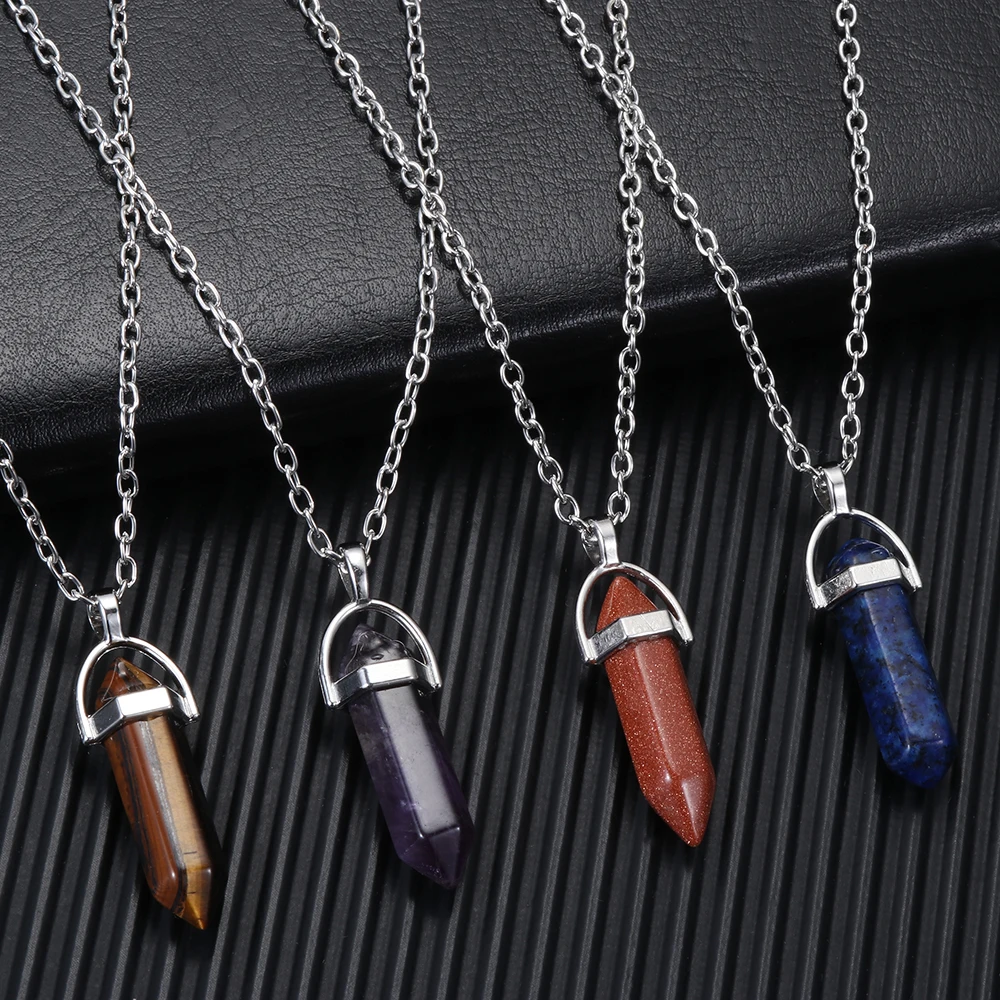 1PC Natural Quartz Crystal Hexagonal Chakra Healing Point Pendulum Stone Silver Plated Pendant Necklace Jewelry Accessories