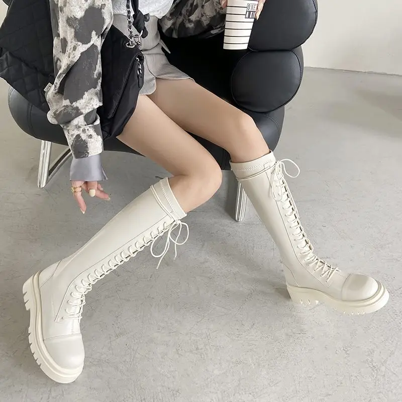 MORAZORA Plus Size 34-43 New Women Boots Lace Up Knee High Boots Thick Fur Platform Winter Snow Boots Chunky Ladies Shoes