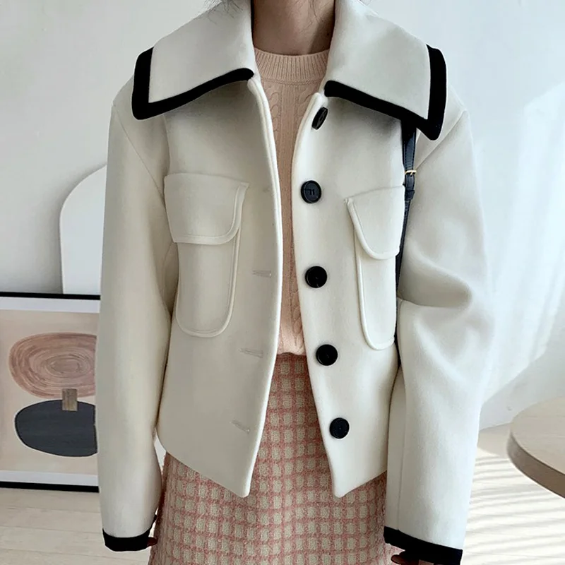 Turn-down Collar Single-breasted Clothes Blend Cotton Beading Winter Solid Outwear Elegant Wool Jacket Luxury 2021 Coat Women