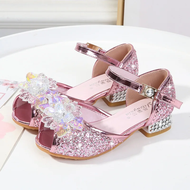 

Children Princess Shoes for Girls Sandals High Heel Glitter Shiny Rhinestone Flowers Kids Party Dress Shoes high Heel 5-14 years