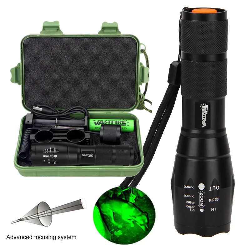 A100 1000Lm Zoomable Flashlight Green/Red Adjustable Focus 1 Mode Hunting Torch+Rifle Scope Mount+Switch+18650+Charger+Case