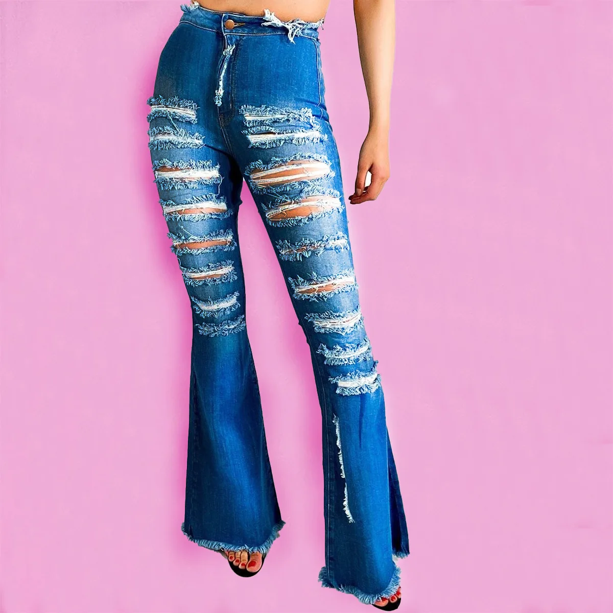 Sexy Grunge Ripped Jeans Voor Vrouwen Bell Bottom Jeans Vrouwen Hoge Taille Flare Jeans Denim Dames Push Up Streetwear Plus size