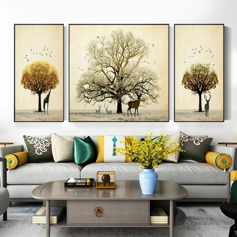 

New Chinese Room Decorative Paintings Brown Elk And Small Tree 3PCS Posters Creativity Custom Canvas Painting