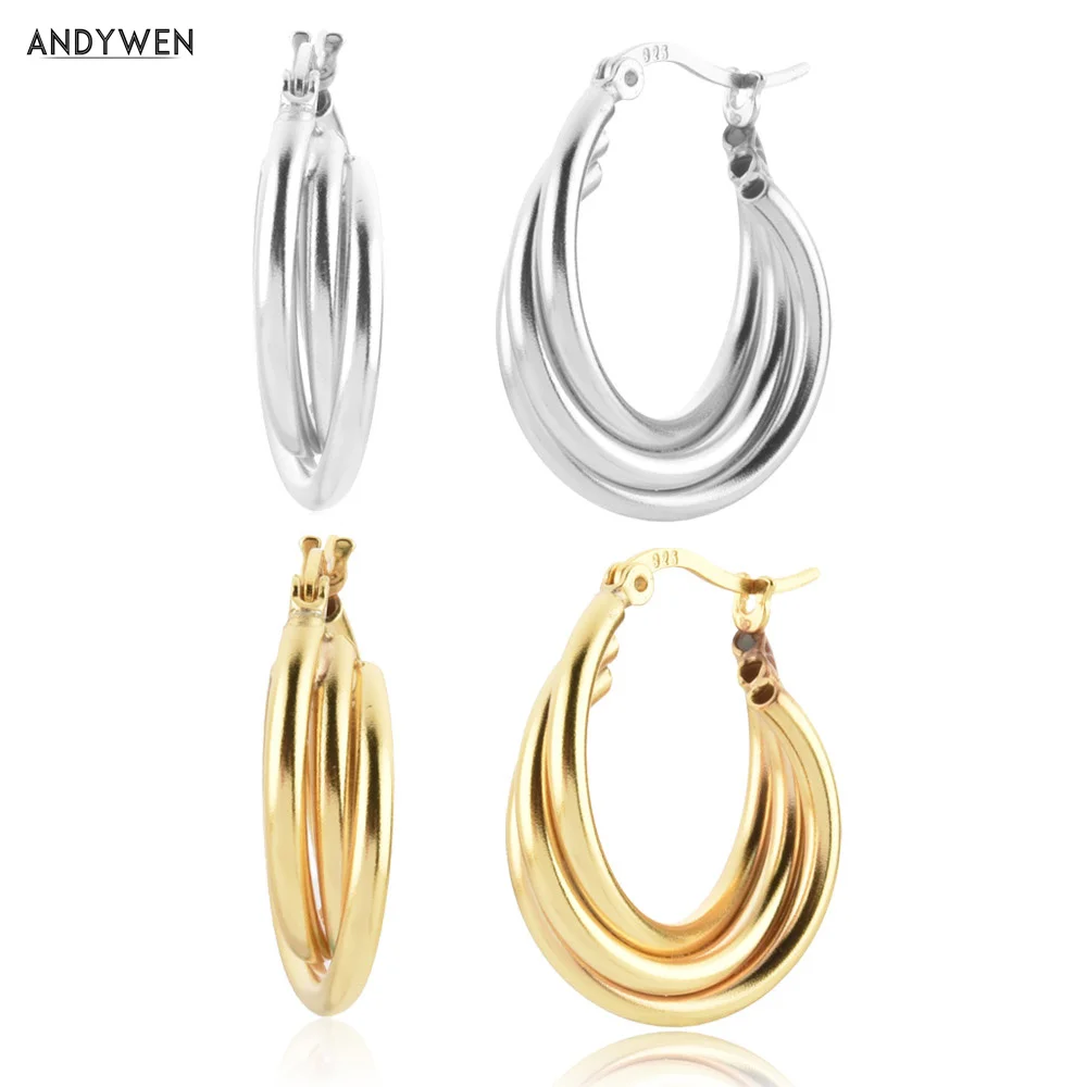 ANDYWEN 925 Sterling Silver Gold 18mm Three Circle Twist Hoops Earring Piercing Women Luxury Loops Plain Hollow Jewelry For You