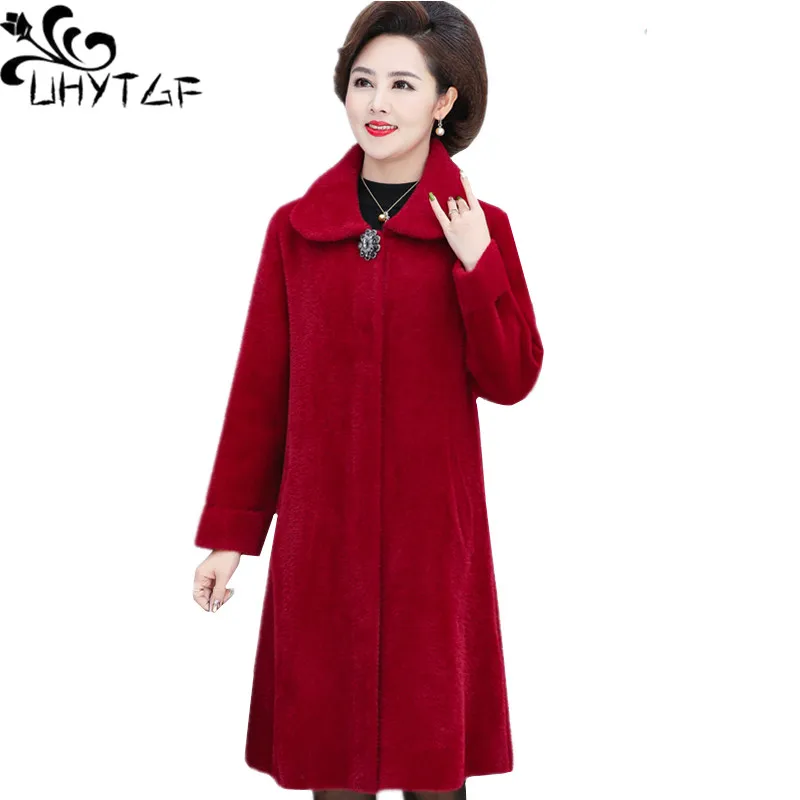 

UHYTGF Quality Mink Fleece Winter Wool Coat Mid-Length Loose 6XL Big Size Coat Double-Sided Cashmere Casual Women's Jacket 1283