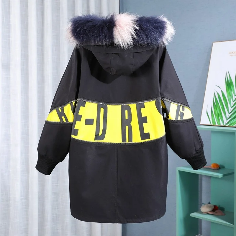 Women Winter Thick Warm Fur Collar Hoodie Parka Casual Loose Fit Back Patchwork Zipper Long Down Coat Female Outerwear Overcoat