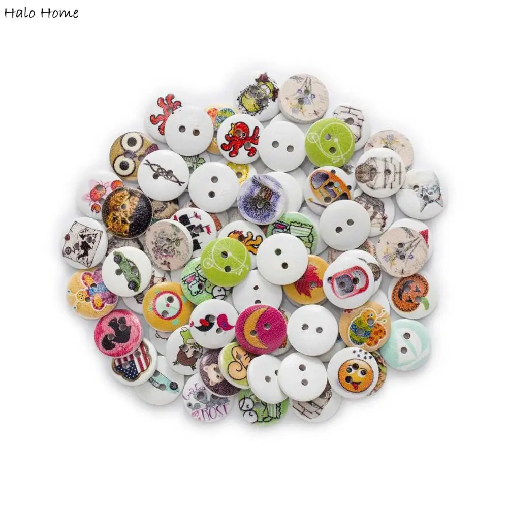 50pcs lucky bag Big mix random Printing Round White Wood buttons Sewing Scrapbook for Clothing Gifts Crafts Handwork DIY 15mm