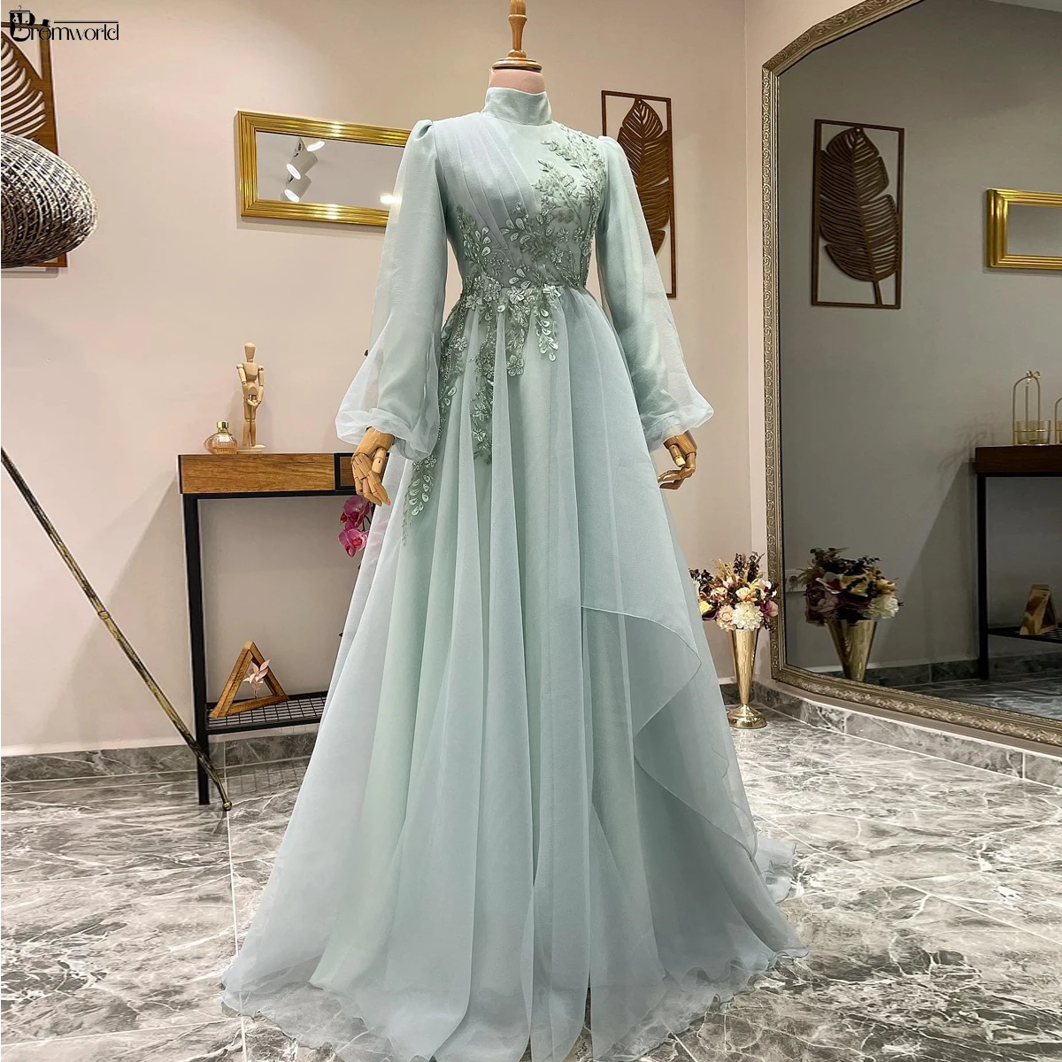 Light Blue A-Line Evening Gowns for Women Formal Elegant Beading Flowers Tulle Muslim Prom Dresses Long Ball Gown with Sleeves