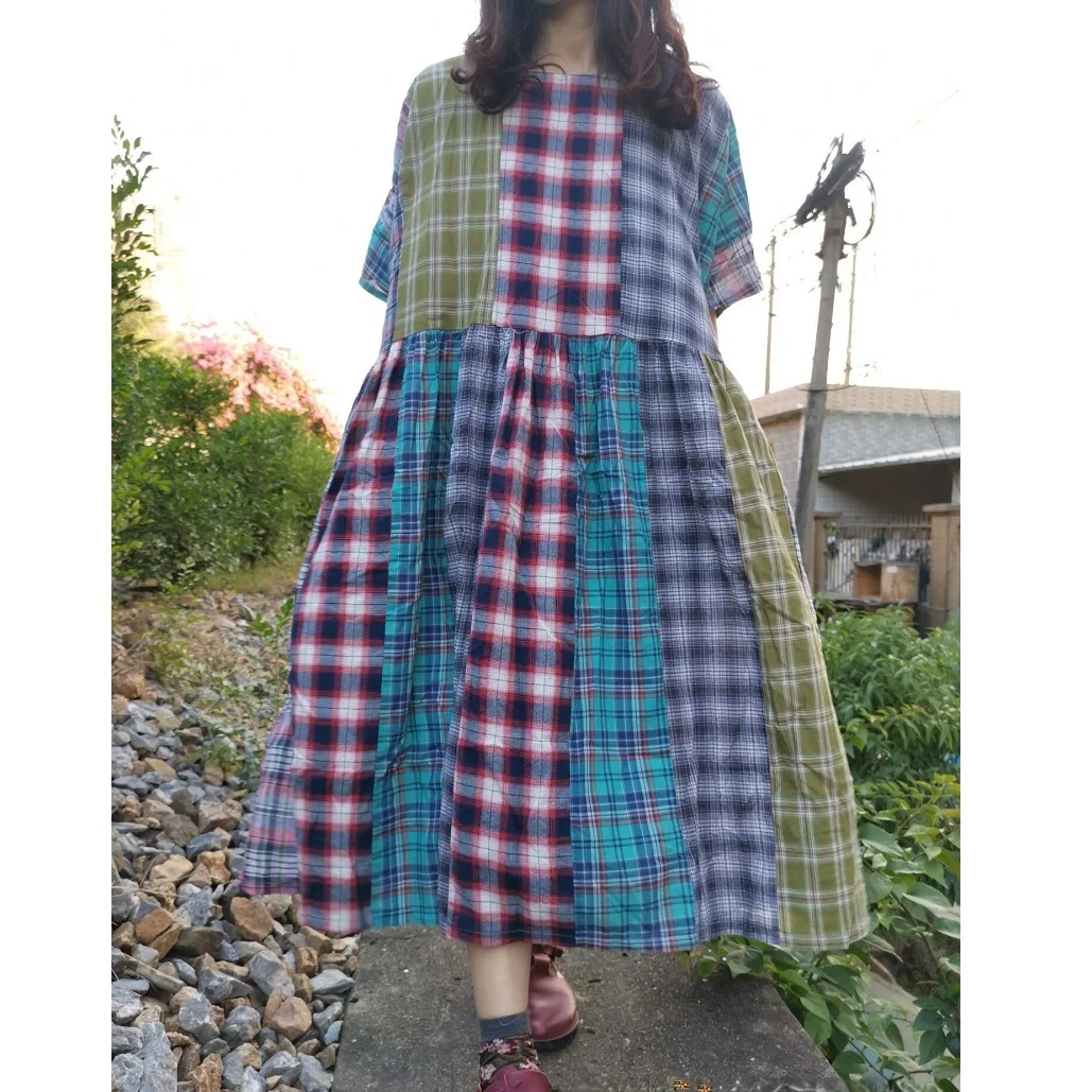 Original Casual Literary Loose Patchwork Plaid Long Dress Women Summer Clothes For Women Woman Clothing