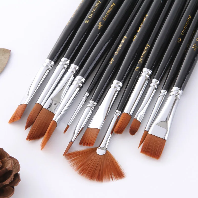 12 pcs/set Watercolor Paint Brushes Set Nylon Hair Painting Brush Variety Style Short Rod Oil Acrylic Drawing Pens Art Supplies