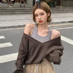 Sweatshirts Women Fake Two Pieces Patchwork Off-Shoulder Sexy Girls Streetwear Spring Autumn Chic Ulzzang BF Cool O-neck Ins New