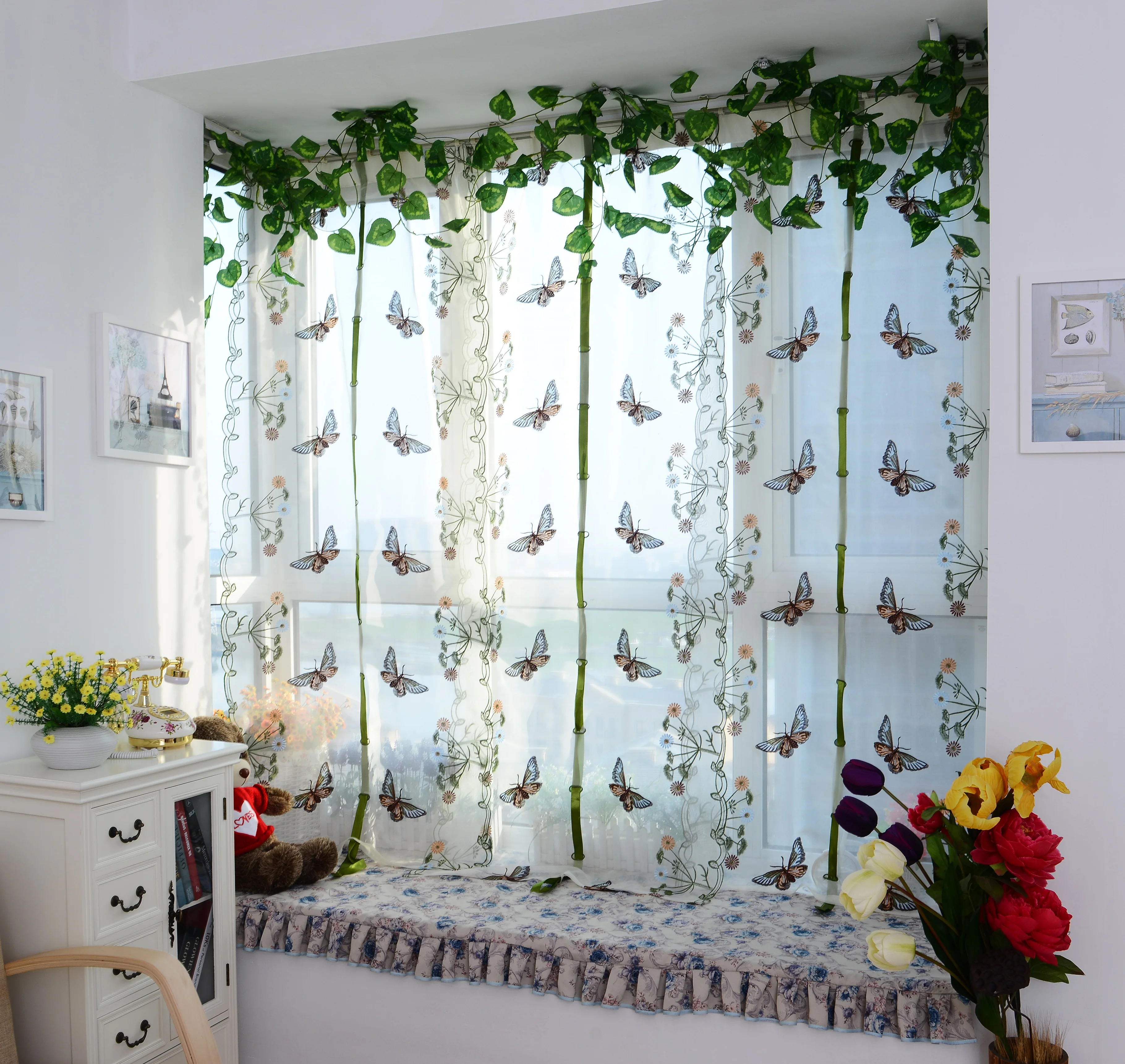 Roman Curtains for Window Sheer Tie Up Curtains White Embroidery Floral Panels Roman Shades for Small Window Curtain Valance